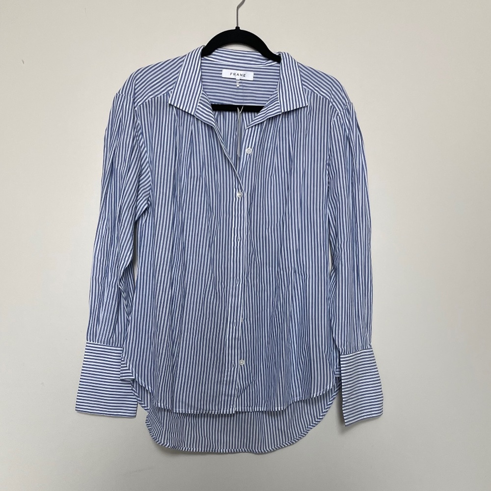Brand New FRAME pleated collar shirt MEDIUM cotton blouse blue denim striped